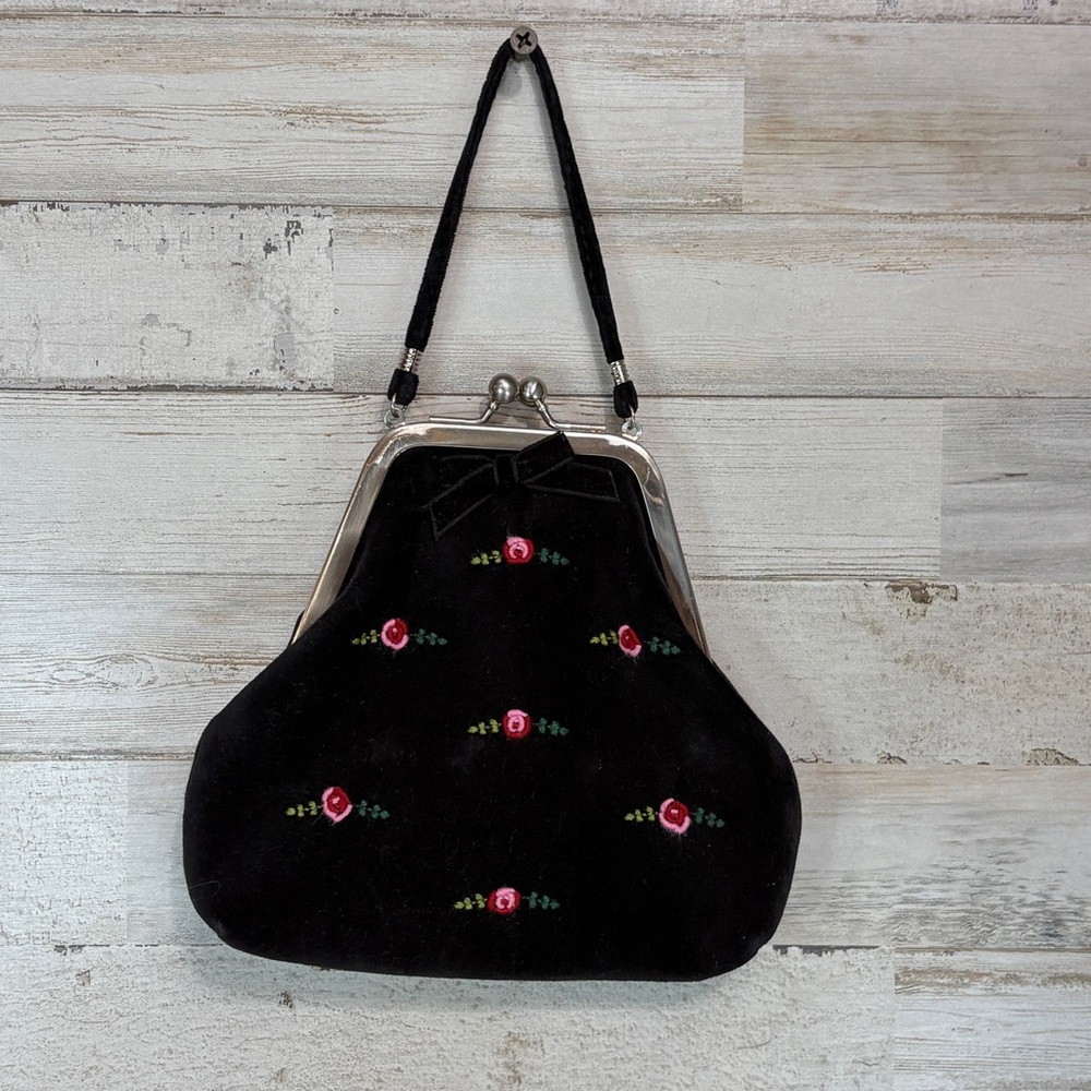 Vintage Gymboree Kids Black Velour Rosette Floral Clutch Purse Handbag 2000